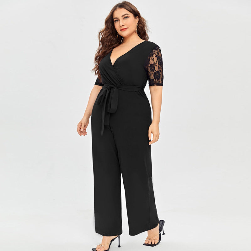 Deep V Neck Lace Short Sleeve Jumpsuit
