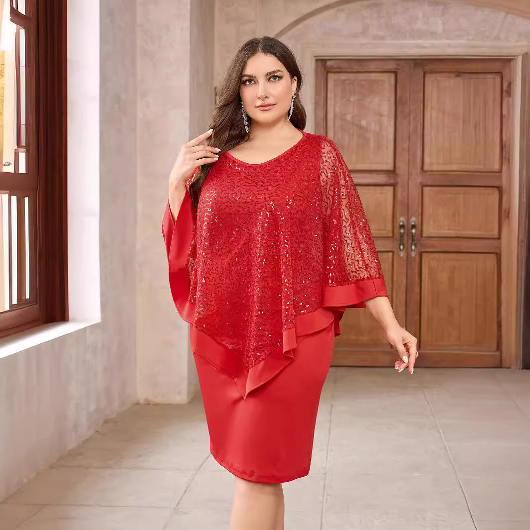 Shawl Sleeve Marking Knee-Length Dress