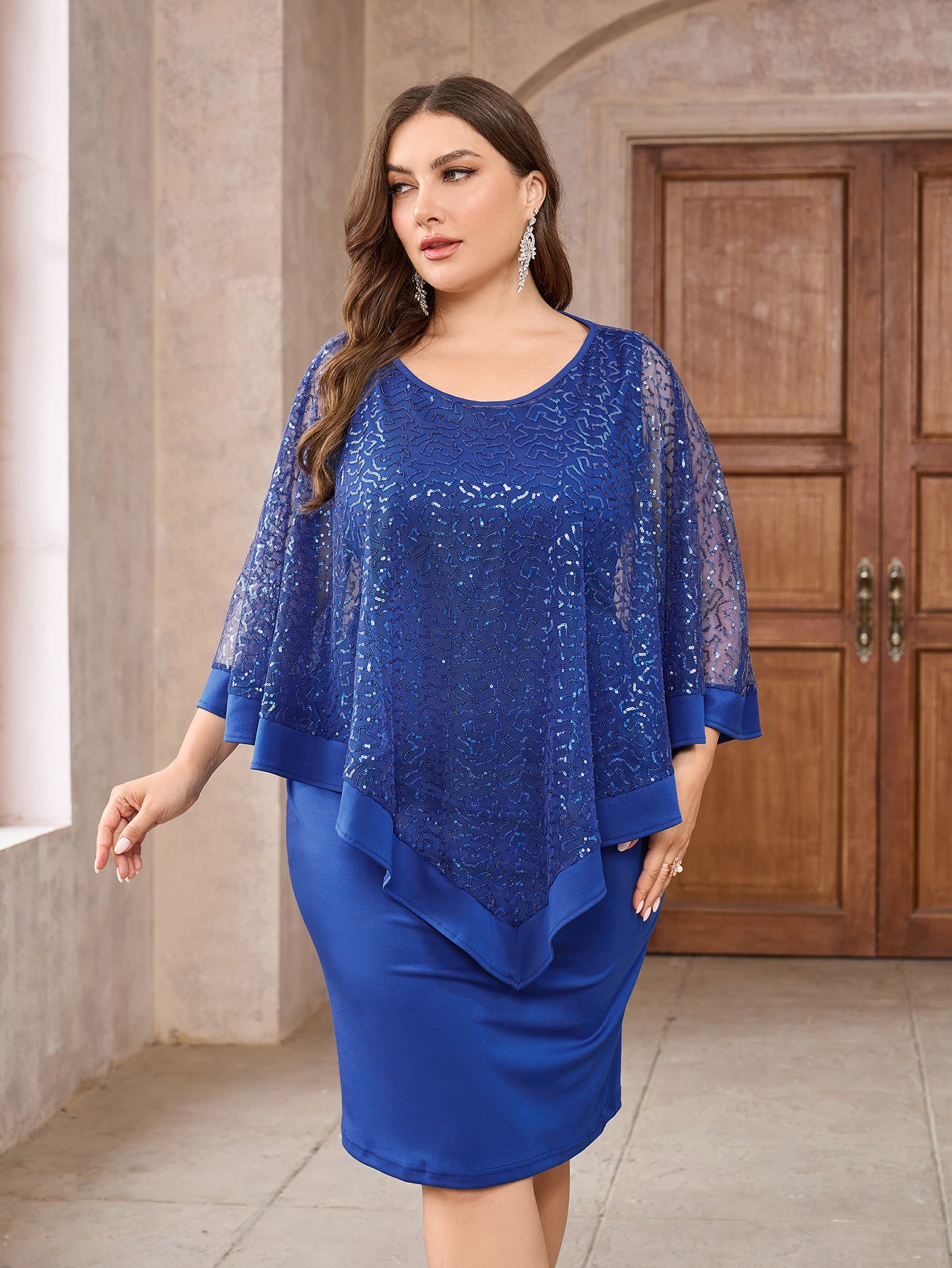 Shawl Sleeve Marking Knee-Length Dress