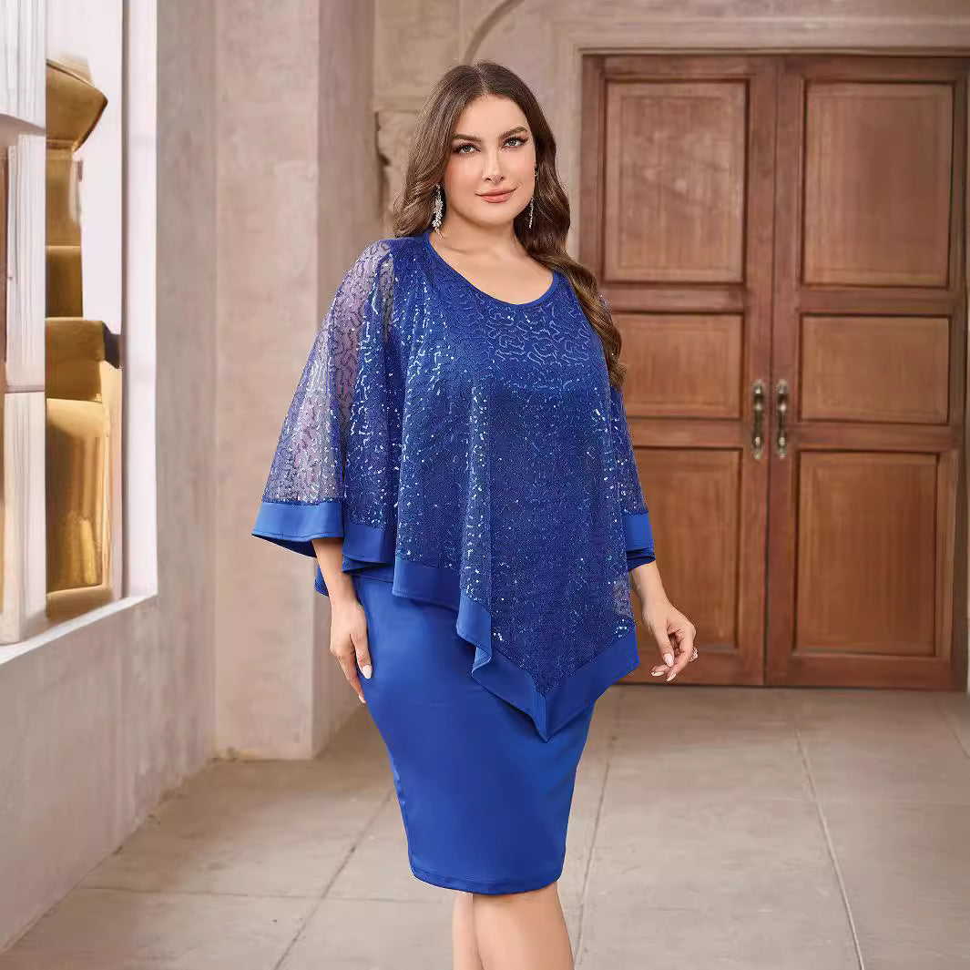 Shawl Sleeve Marking Knee-Length Dress