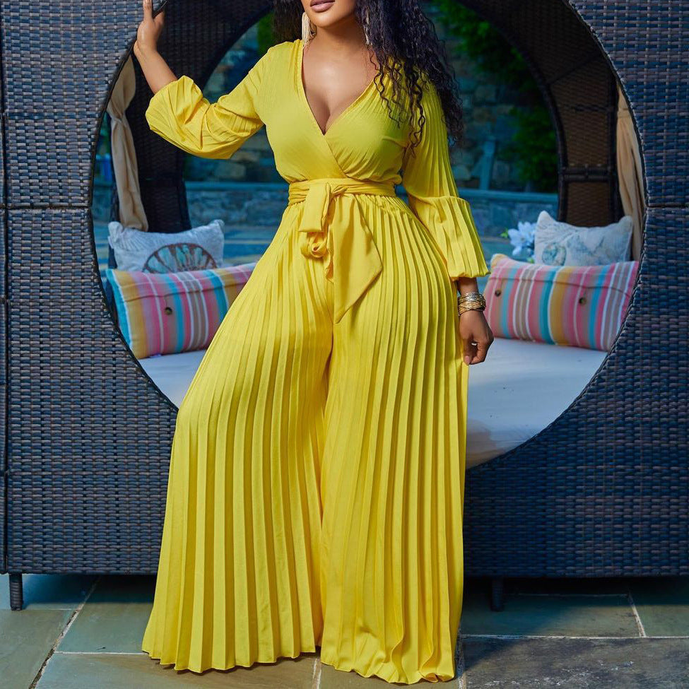 V-neck Lace Up Pleated Wide-leg Jumpsuit
