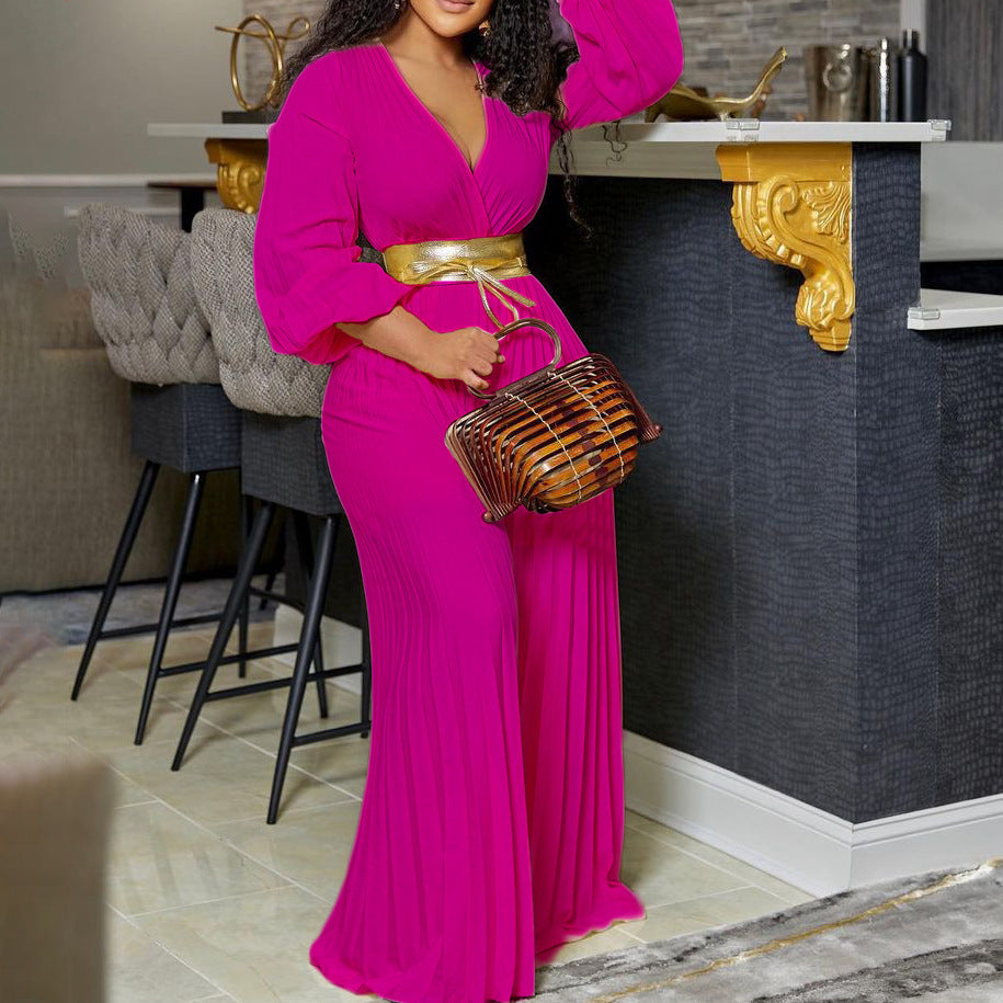 V-neck Lace Up Pleated Wide-leg Jumpsuit