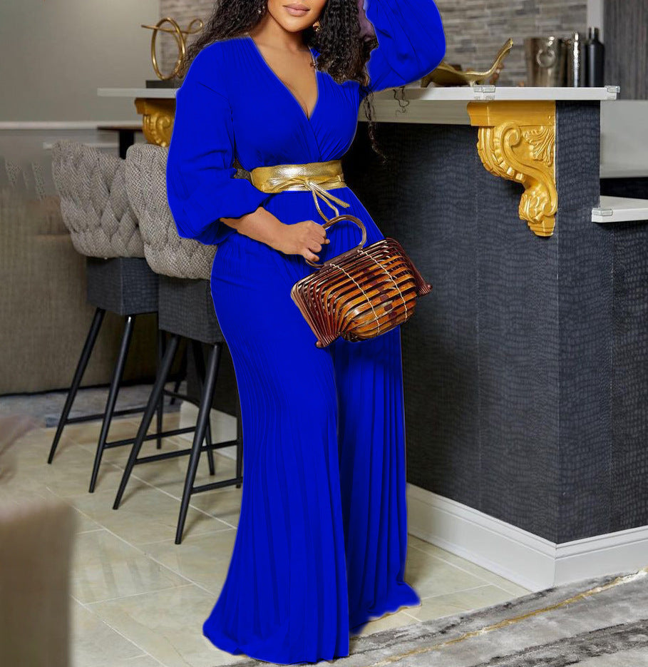 V-neck Lace Up Pleated Wide-leg Jumpsuit