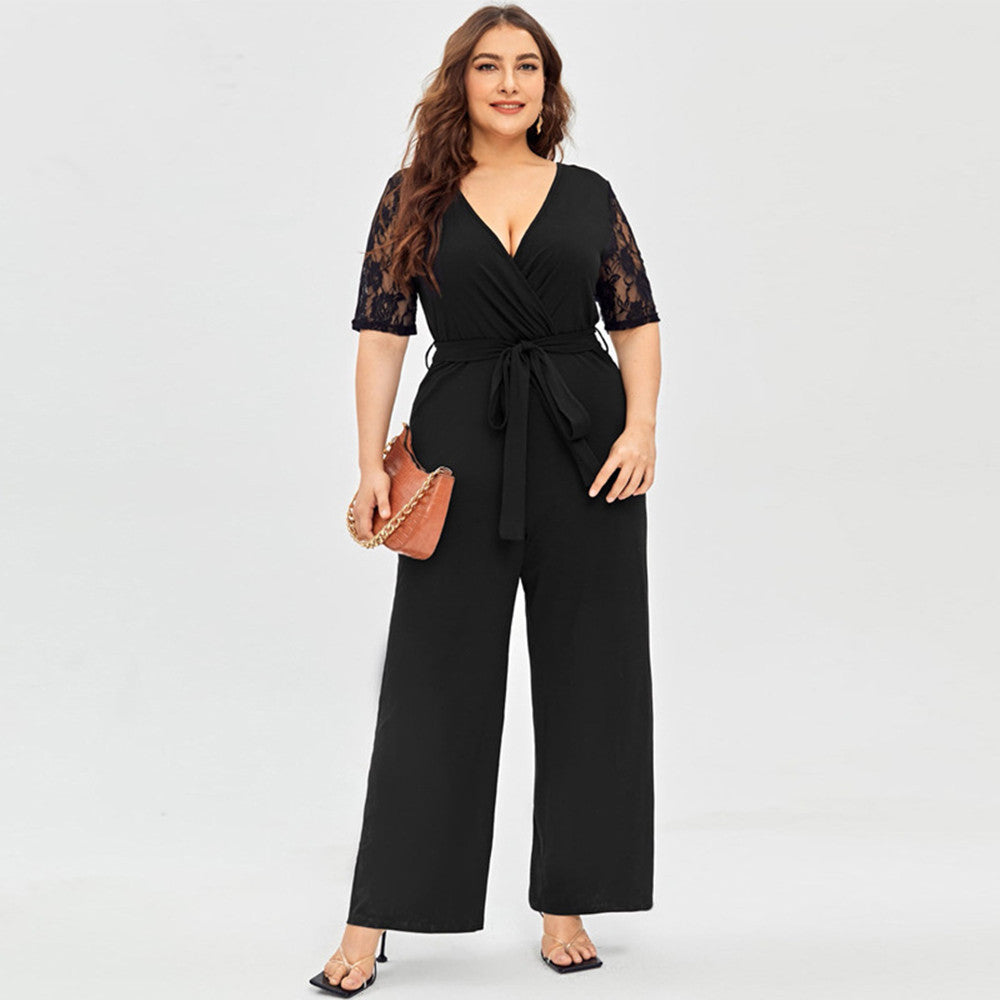 Deep V Neck Lace Short Sleeve Jumpsuit