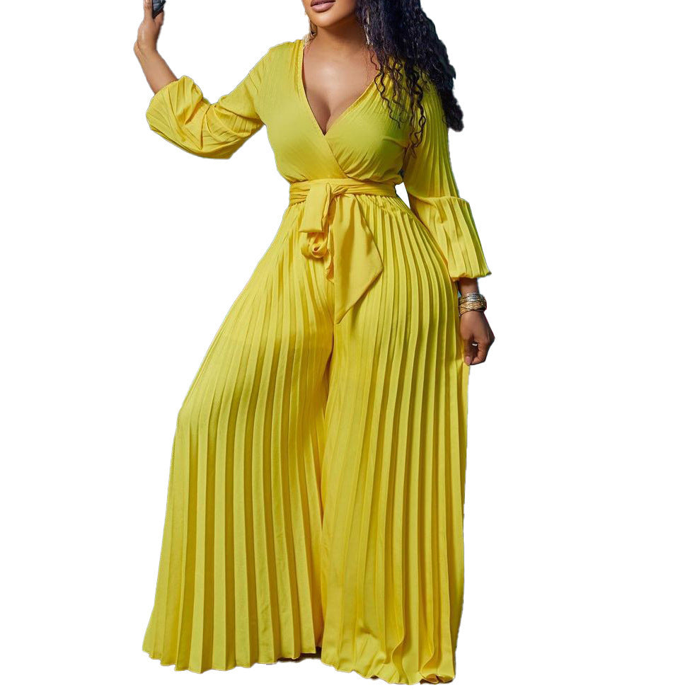 V-neck Lace Up Pleated Wide-leg Jumpsuit