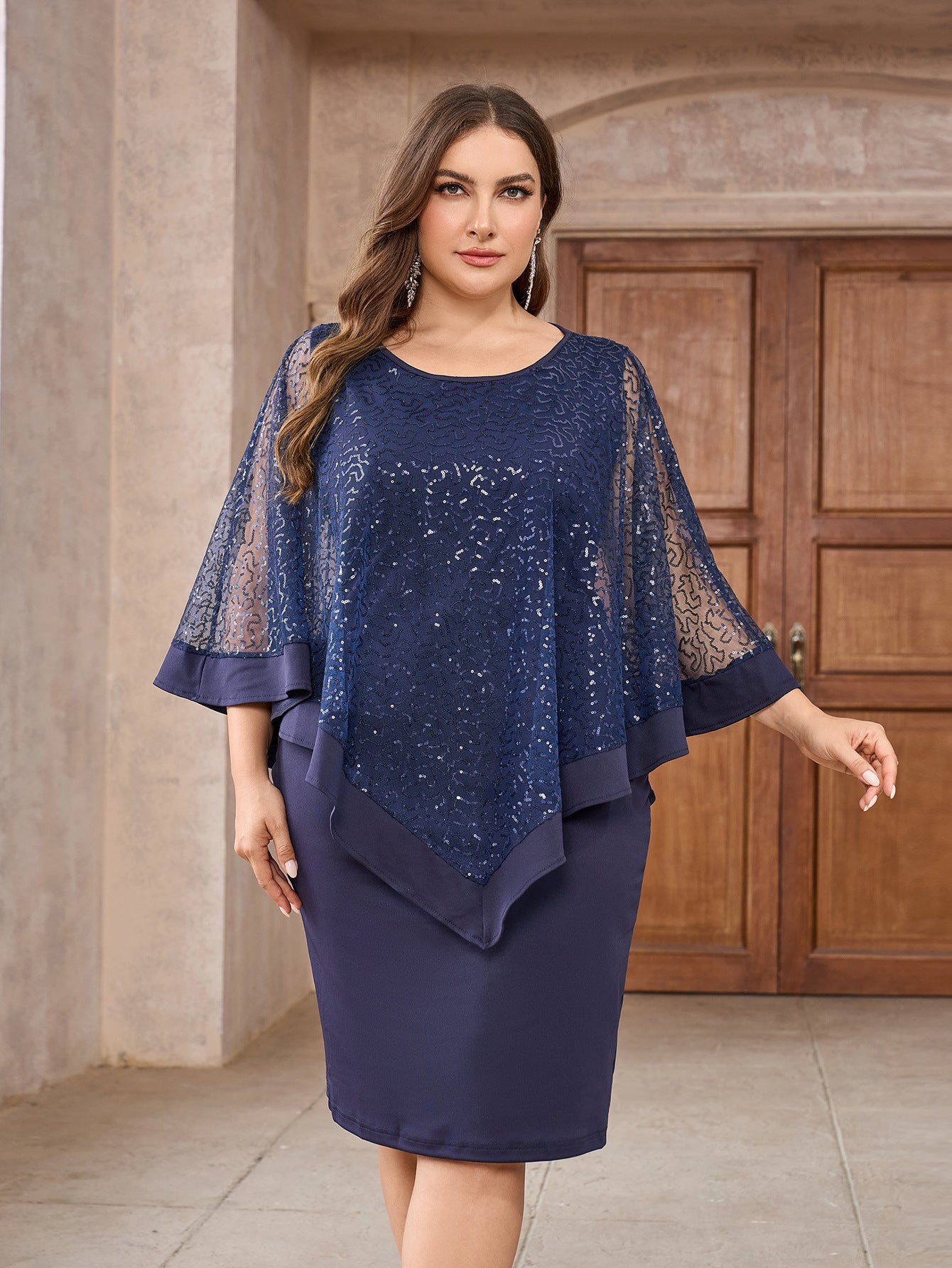 Shawl Sleeve Marking Knee-Length Dress