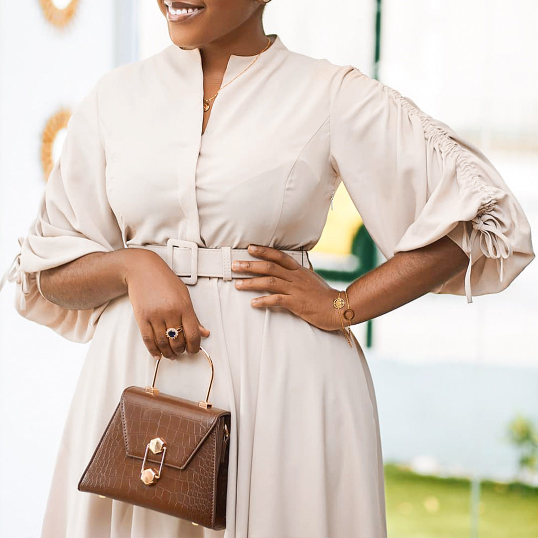 Lantern Sleeve Pleated Dress
