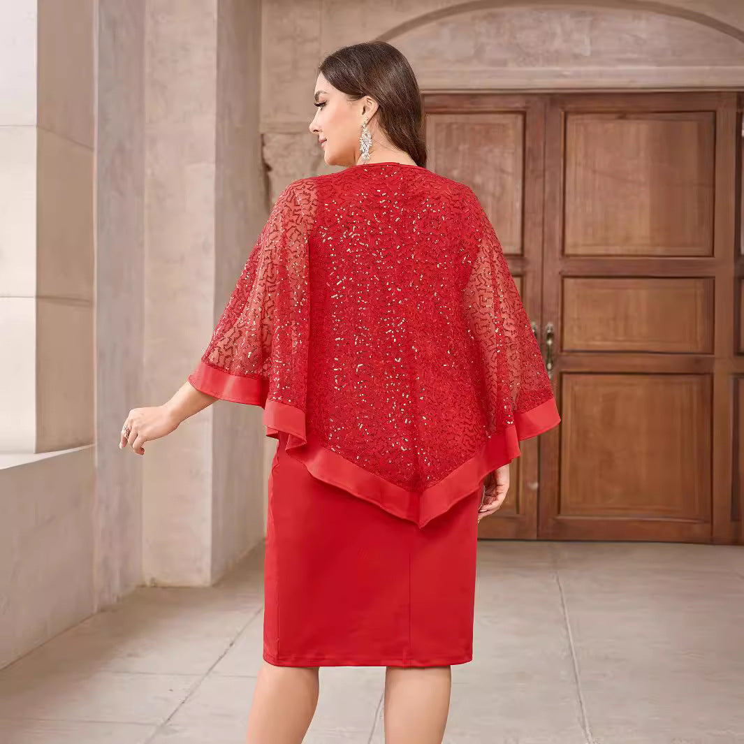 Shawl Sleeve Marking Knee-Length Dress