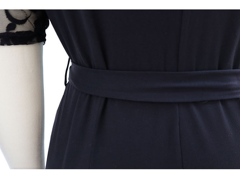 Deep V Neck Lace Short Sleeve Jumpsuit