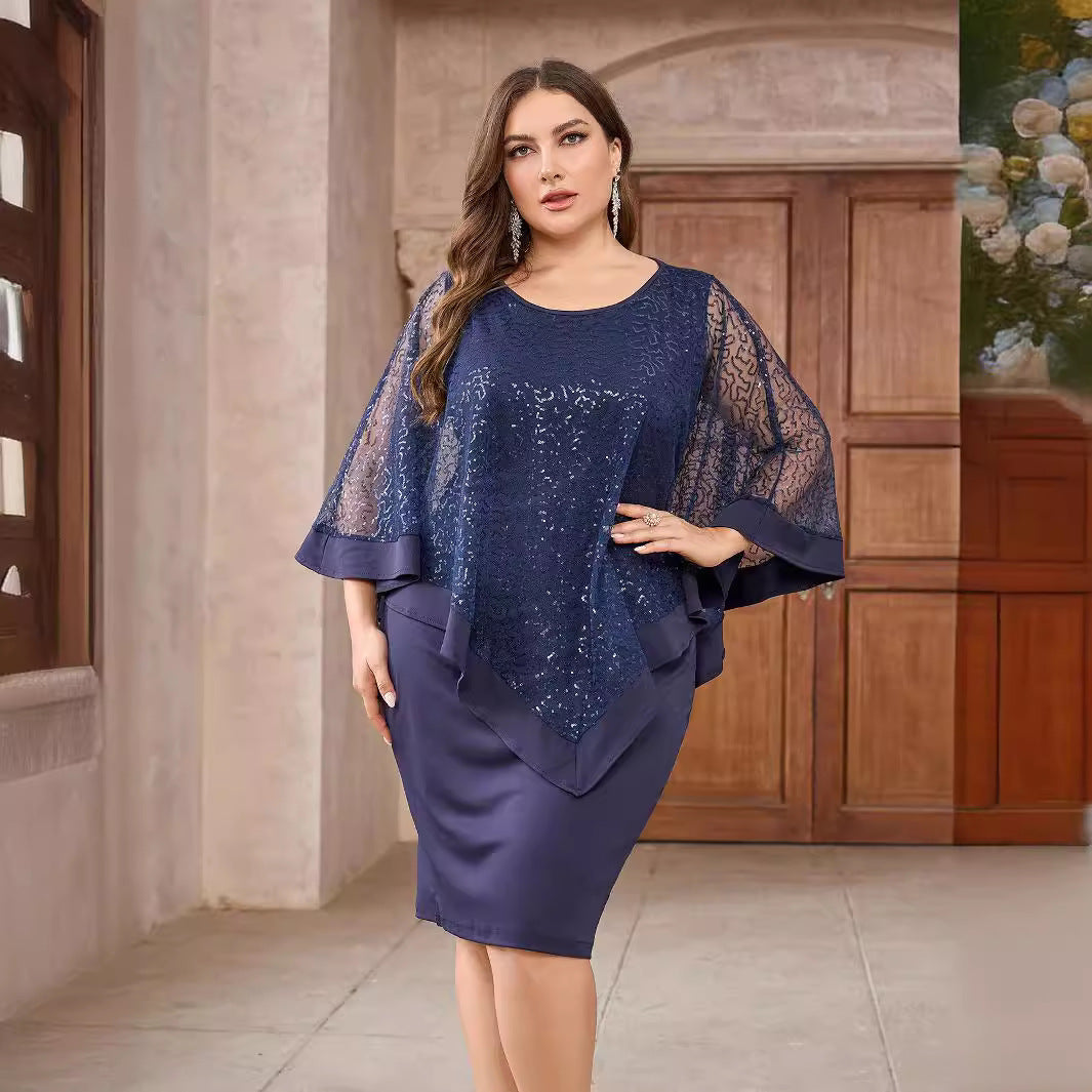 Shawl Sleeve Marking Knee-Length Dress