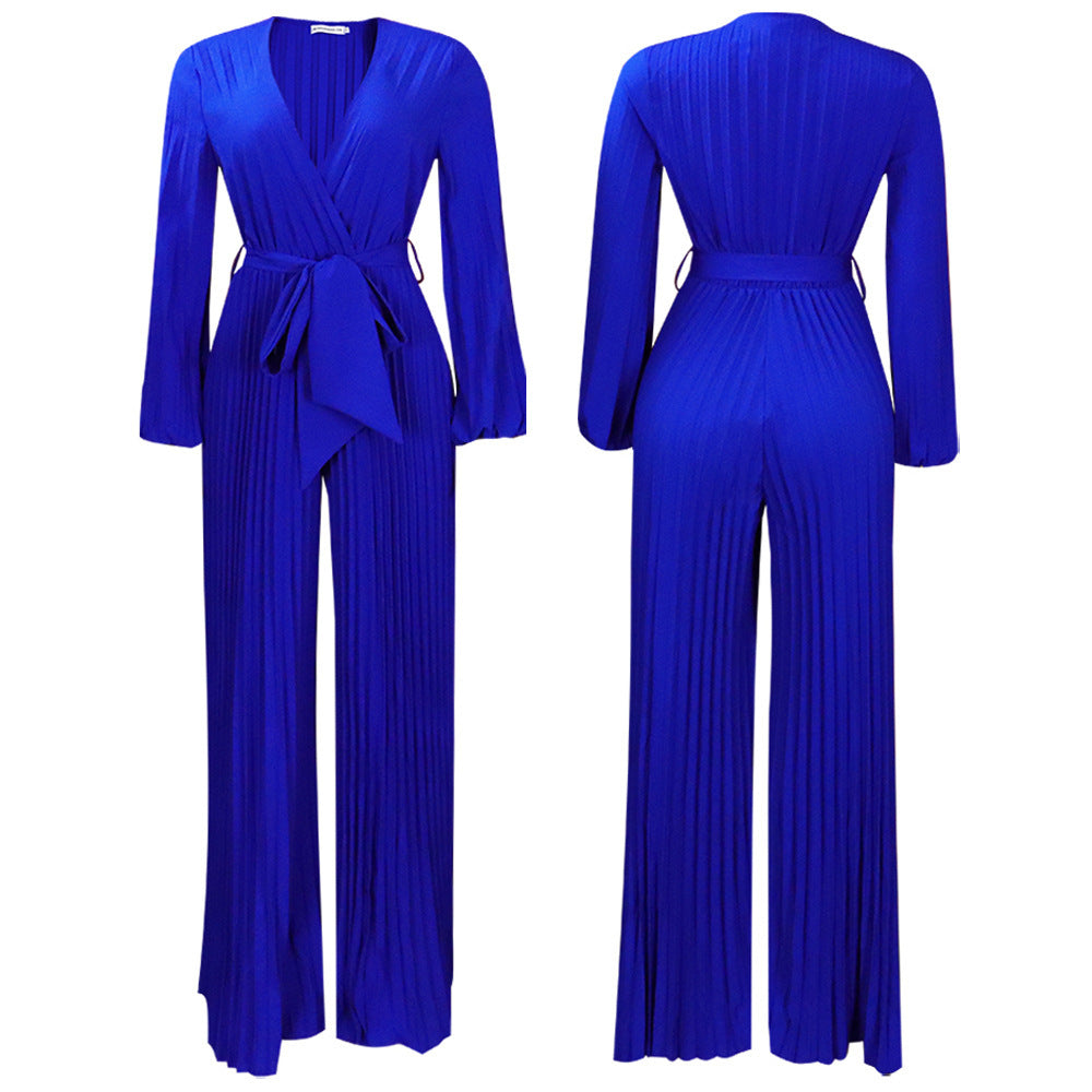 V-neck Lace Up Pleated Wide-leg Jumpsuit