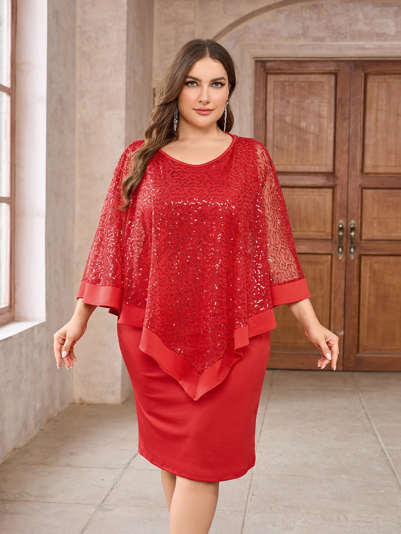 Shawl Sleeve Marking Knee-Length Dress