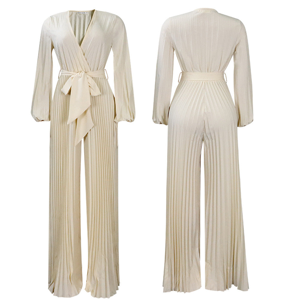 V-neck Lace Up Pleated Wide-leg Jumpsuit