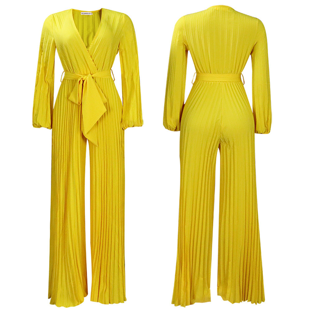 V-neck Lace Up Pleated Wide-leg Jumpsuit
