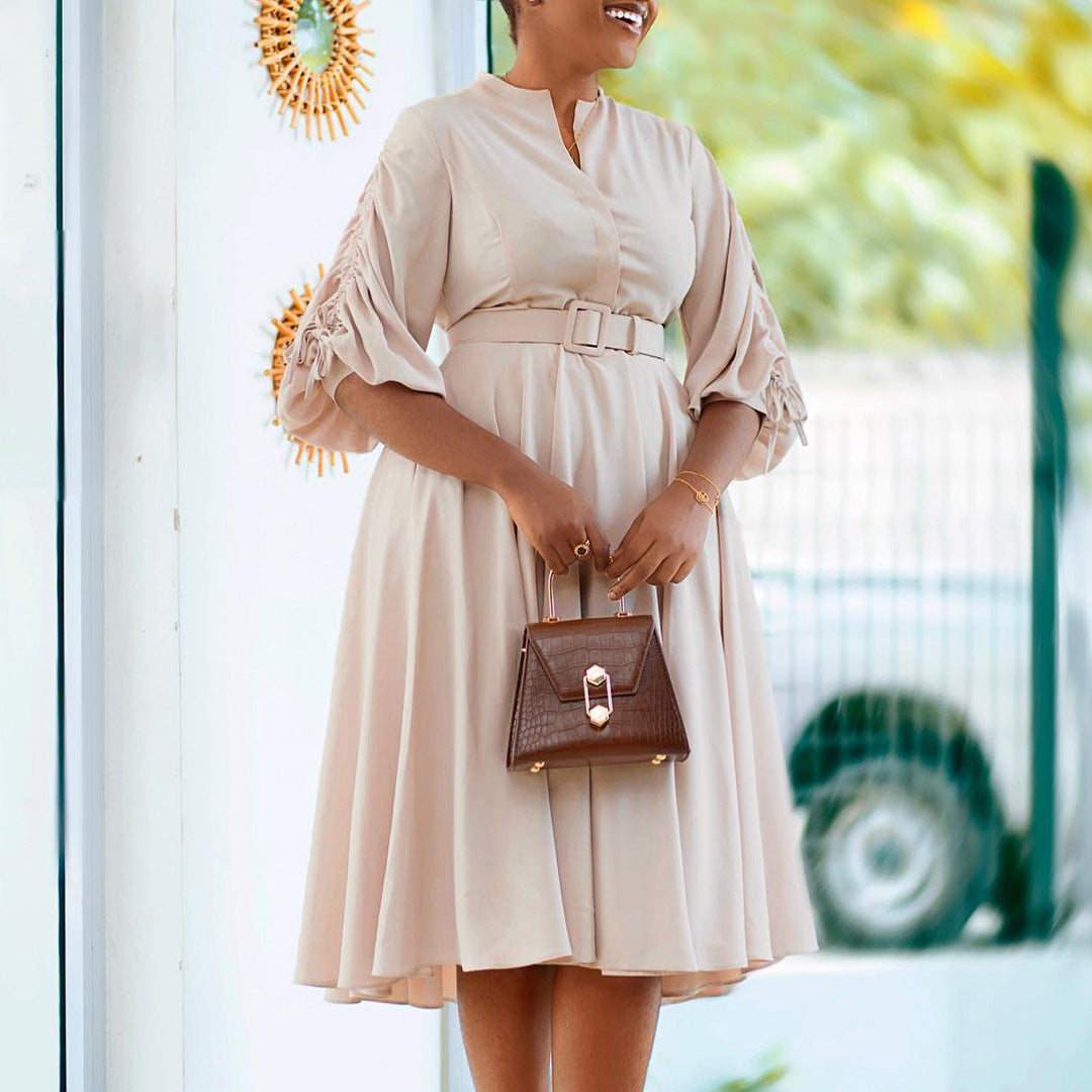 Lantern Sleeve Pleated Dress