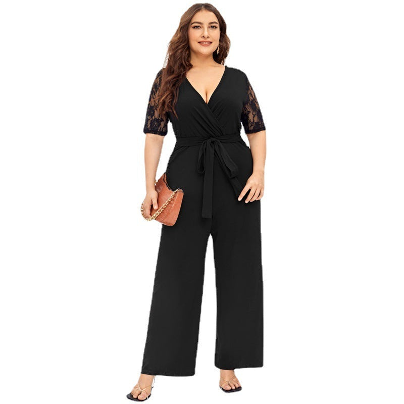 Deep V Neck Lace Short Sleeve Jumpsuit