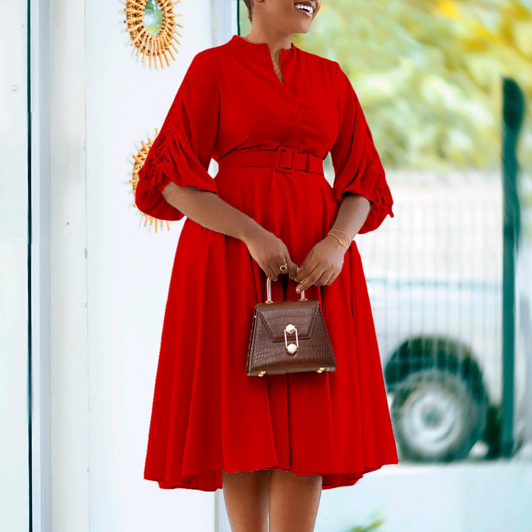 Lantern Sleeve Pleated Dress