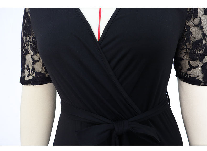 Deep V Neck Lace Short Sleeve Jumpsuit
