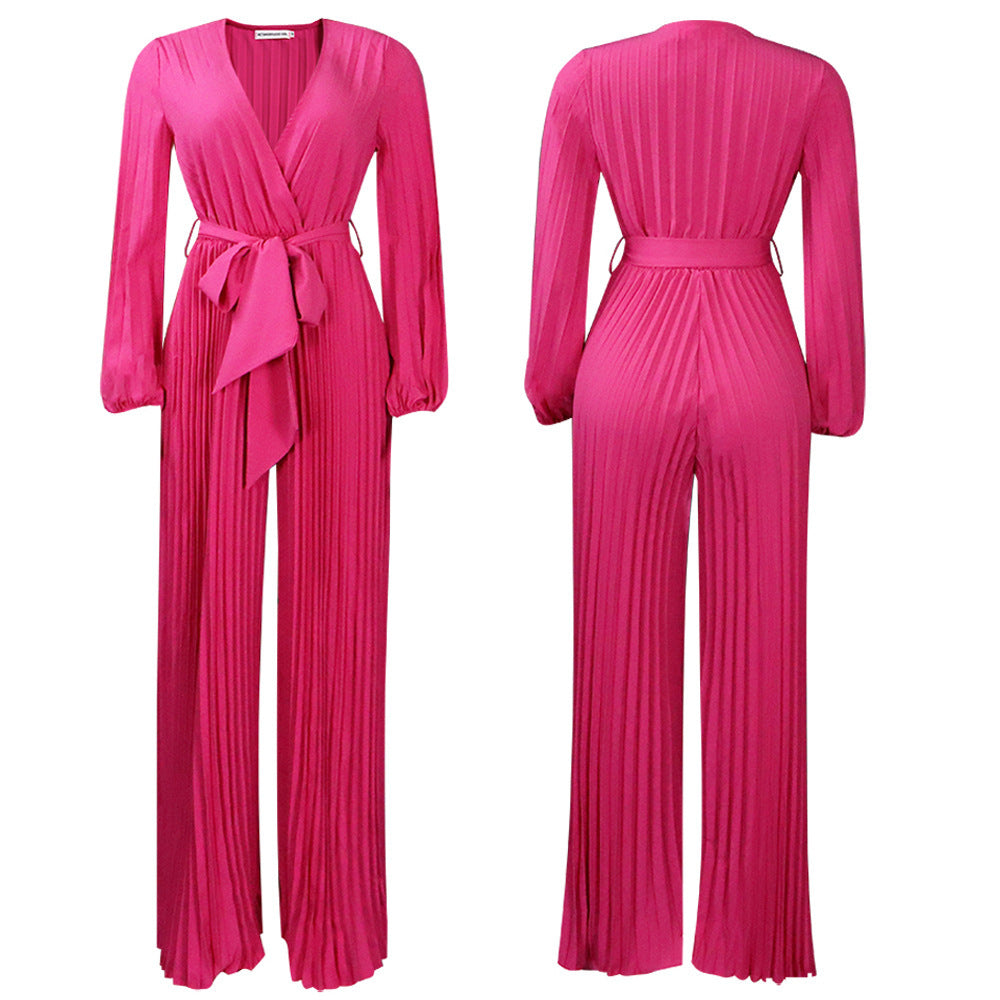V-neck Lace Up Pleated Wide-leg Jumpsuit