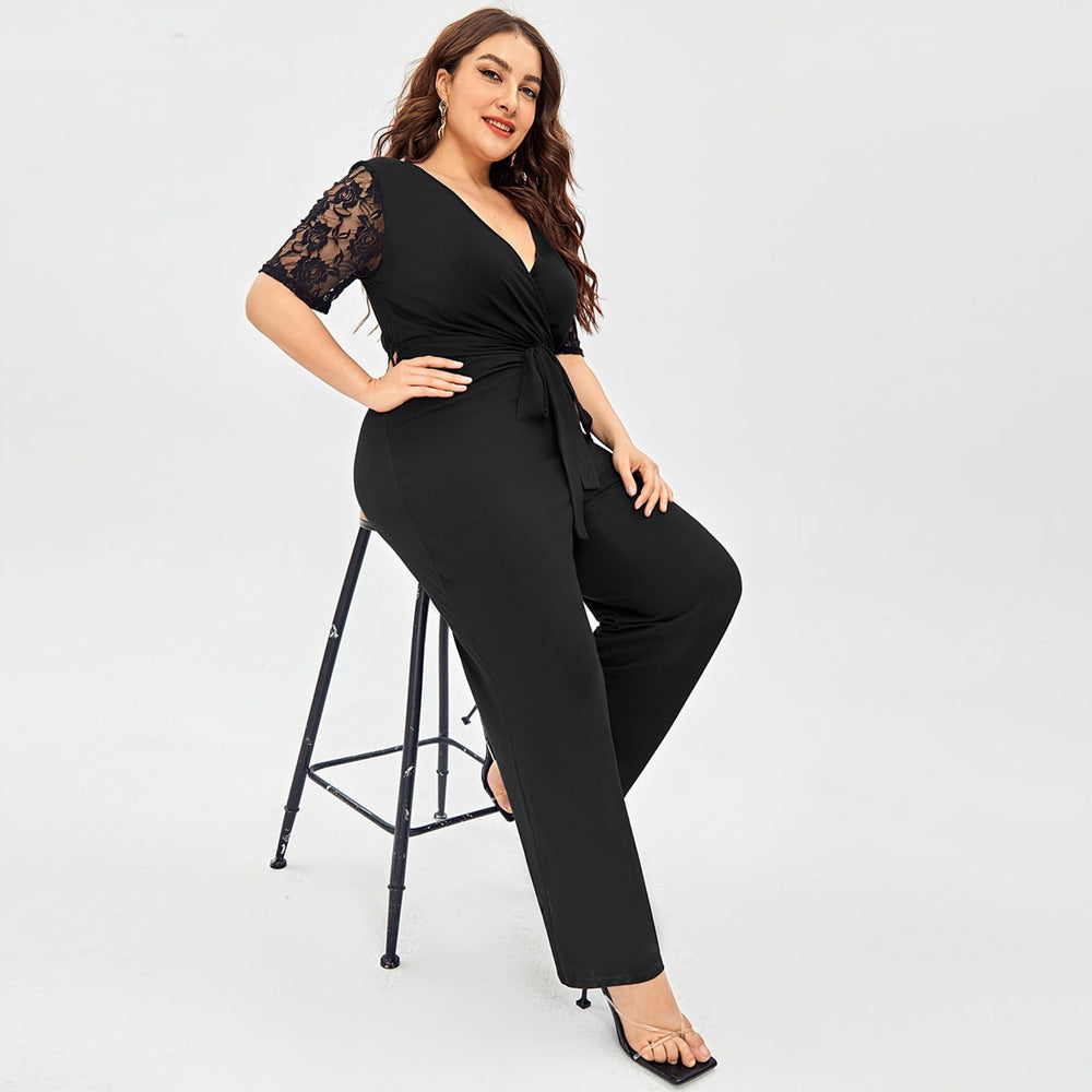 Deep V Neck Lace Short Sleeve Jumpsuit