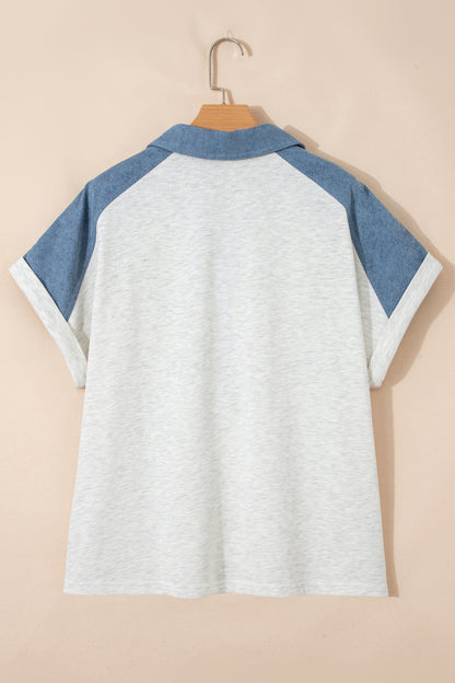 Beige Plus Size Contrast Denim Patchwork Cuffed Sleeve Polo Tee