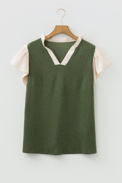 Vineyard Green Plus Size Contrast Frilled Neckline Ruffled Short Sleeve Ribbed Textured Blouse