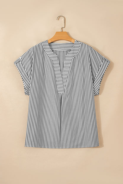 Black Stripe Plus Size V Neck Roll-tab Short Dolman Sleeve Blouse