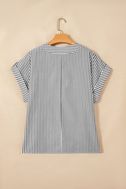 Black Stripe Plus Size V Neck Roll-tab Short Dolman Sleeve Blouse